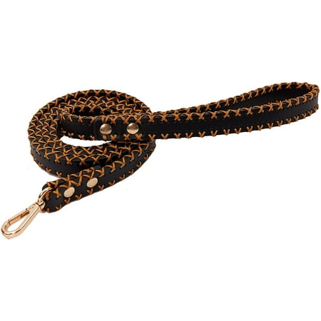 UPC: 0850033792218 | Scotch&Co Premium Leather Pet Leash – 8 Easy-Grip Handle | Gold Brass Carabiners with 2” Lobster Clasp | Elegant Vibrant Colors with Waxed-Cotton Stitching | 150 cm (~5 ft) | Black with Tan Stitch