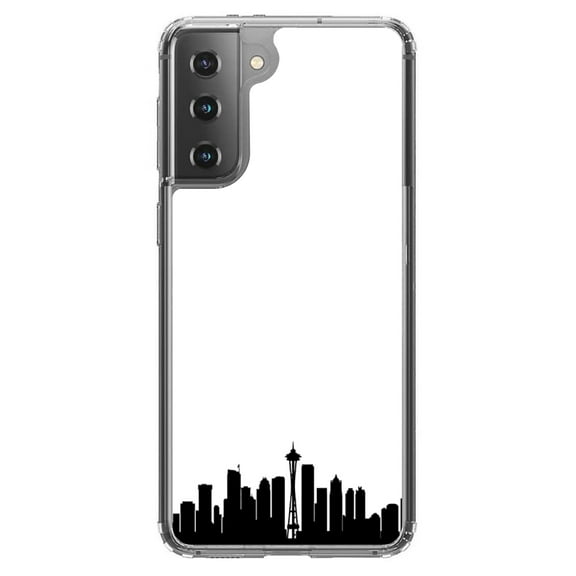 DistinctInk Clear Shockproof Hybrid Case for Galaxy S21 5G (6.2" Screen) - TPU Bumper, Acrylic Back, Tempered Glass Screen Protector - Seattle Skyline Silhouette - Love of Seattle