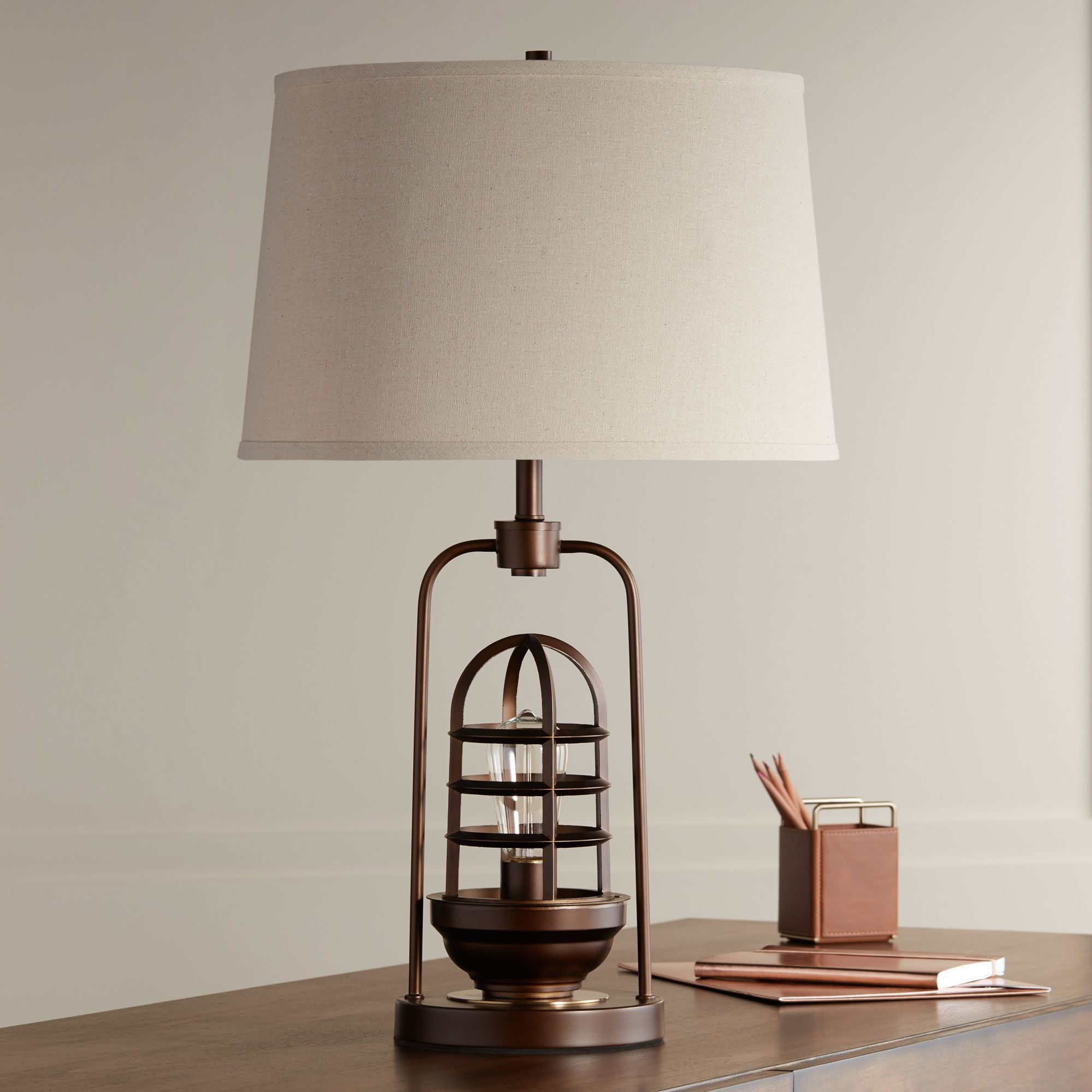 Franklin Iron Works Industrial Table Lamp With Nightlight Led Edison Bulb Rust Bronze Cage Drum Shade For Living Room Family