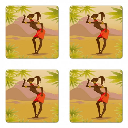 

African Coaster Set of 4 Young Zulu Girl in Exotic Nature Tree Leaves Mountains Folkloric Clothing Square Hardboard Gloss Coasters Standard Size Multicolor by Ambesonne