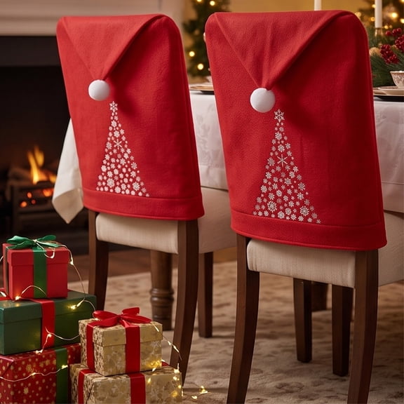 Cififendec Christmas Santa Hat Chair Covers, Red Felt Printed Chair Slipcovers for Dining Chairs and Holiday Dinner Setup, 24.8"×18.9"