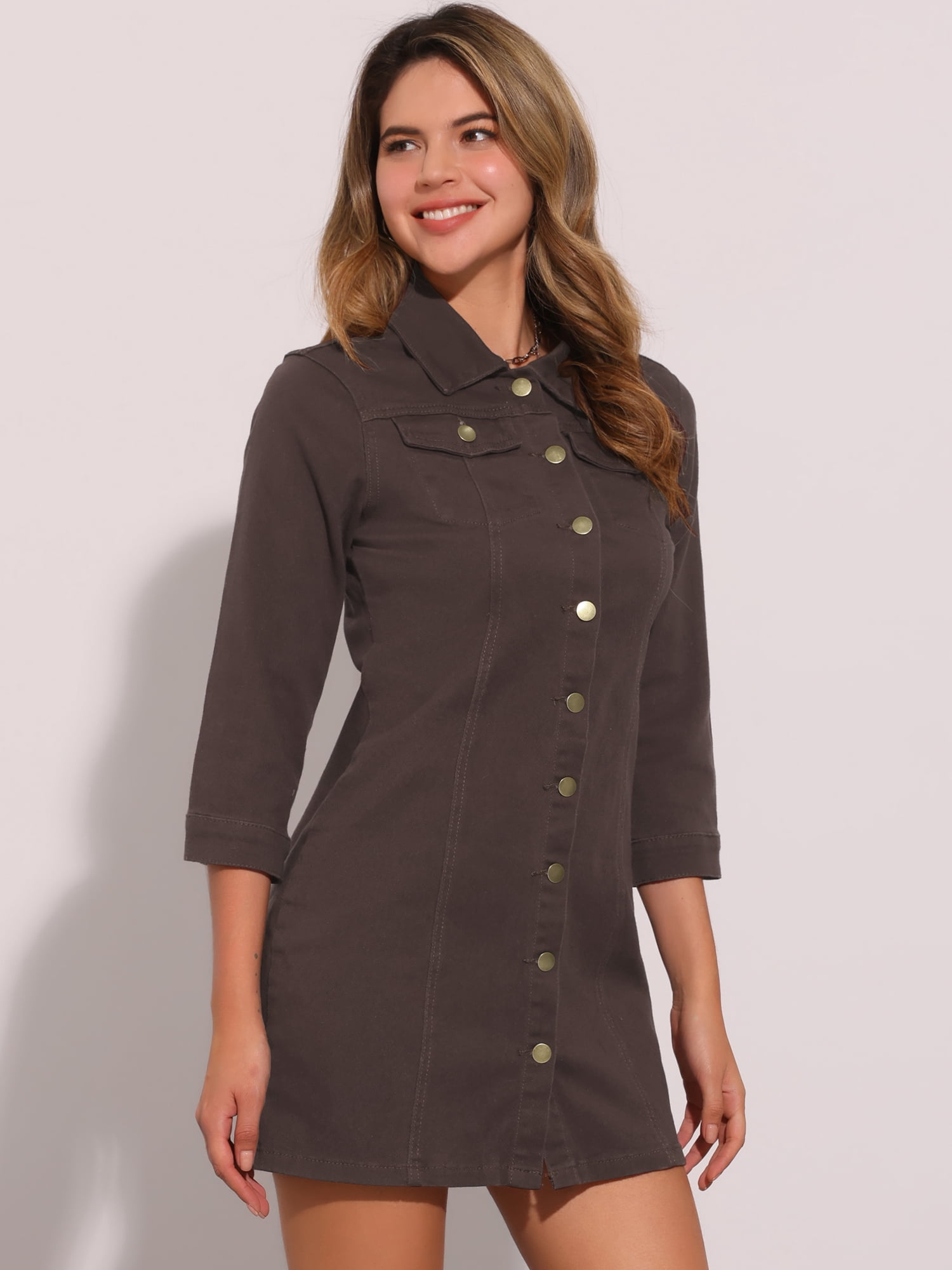 DARING DIVA 3/4 Sleeve Button Down Denim Shirt Dress L Brown