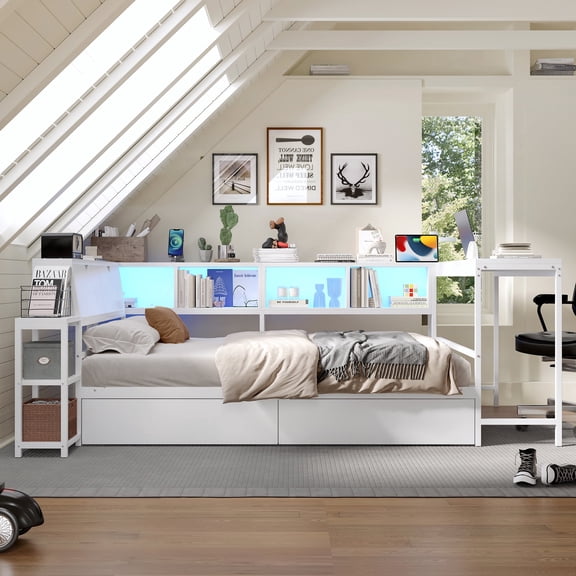 Oufan Twin Size Bed Frame with Desk, Metal Frame Bed with Bookcase & 2 Storage Drawers, LED Light & Charging Station, Left and Right Interchangeable, No Box Spring Needed