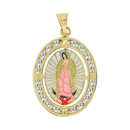 Resin Pendant - 14k Yellow God, Colorful Enamel Resin Virgin Mary Religious Pendant Charm Created CZ Crystals