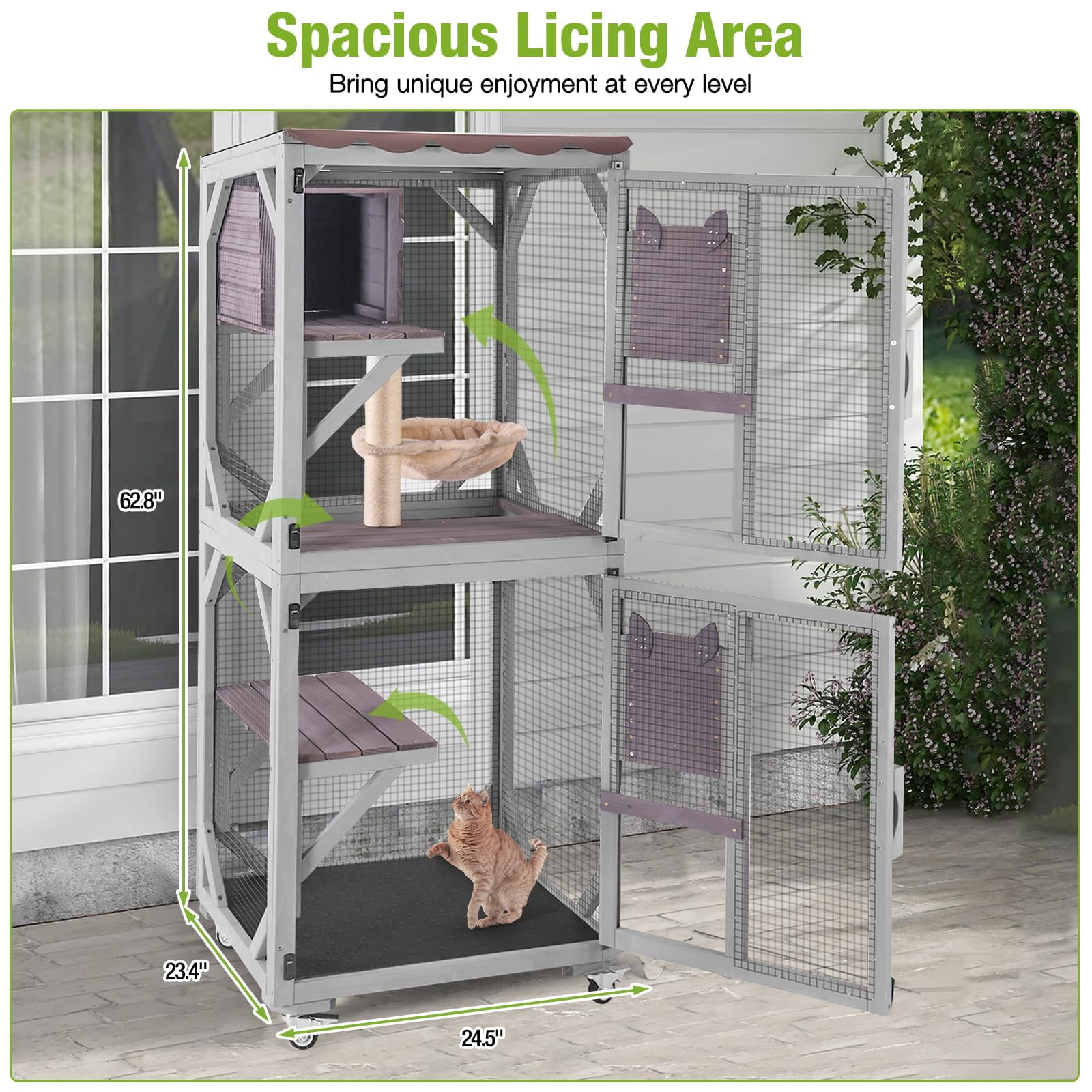 BUTINGLALE Catio Outdoor Cat Enclosure Window Waterproof Roof Cat Patio with Scratching Posts and Basket, Outdoor Catio House Easy Mobile with Brake Wheels Indoor 62.8"