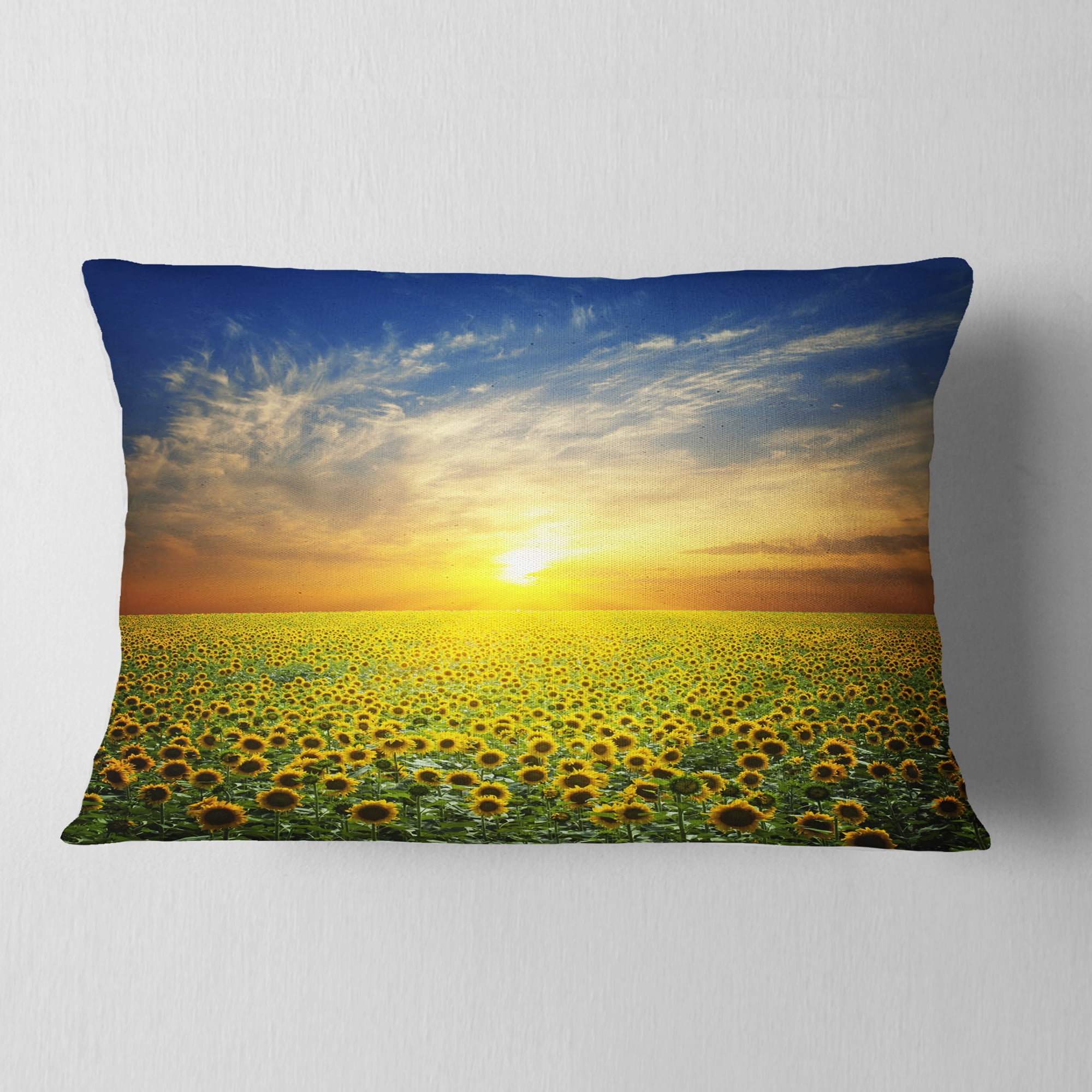 Designart Beauty Sunset over Sunflowers Field - Floral Throw Pillow - 12x20