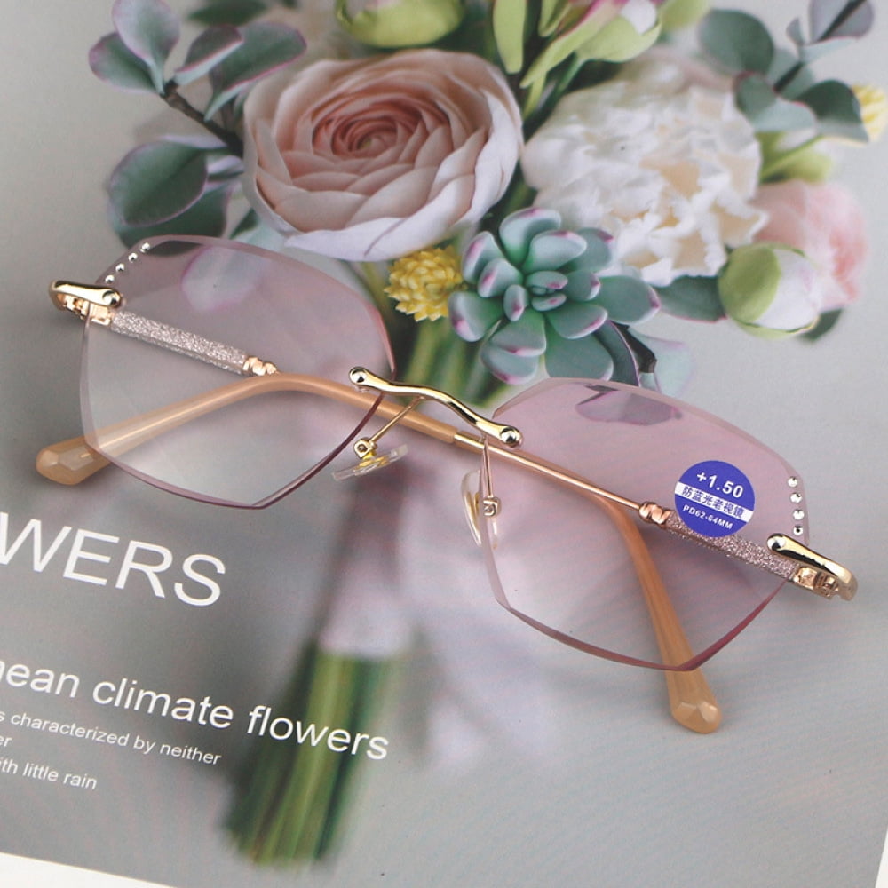 2 Pairs of New Rimless Diamond Trimming Gold Anti-Blue Light Reading Glasses Fashion Metal Gradient Pink Sunglasses Readers +1.00