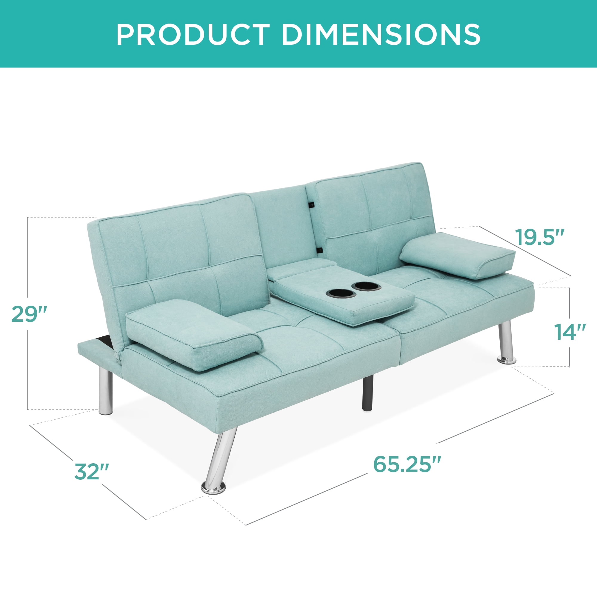 Best Choice Products Modern Linen Convertible Futon Sofa Bed w/ Removable Armrests, Metal Legs, Cupholders - Aqua
