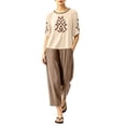 thumbnail image 4 of IUYRTFE Women's Embroidered Short Sleeve Top and Cropped Pants Set with Pockets Cotton Linen Blend Casual Two Piece Outfit, 4 of 7