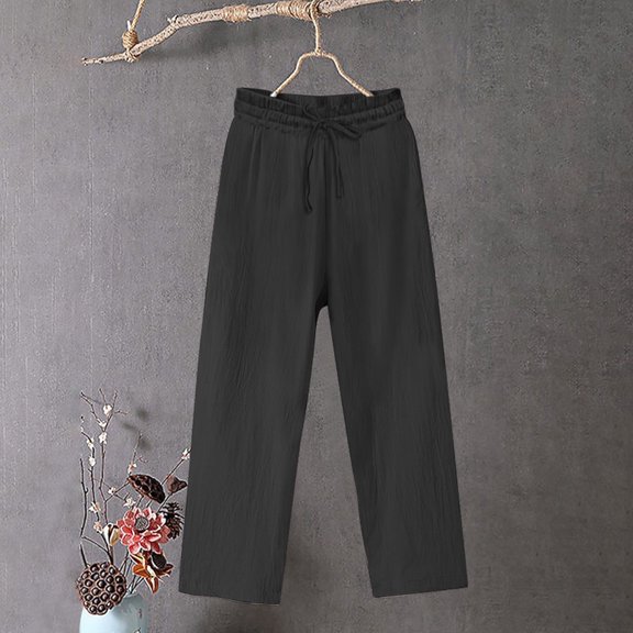 Simua Women's Cotton Linen Summer Palazzo Pants Flowy Wide Leg Beach Trousers with Pockets