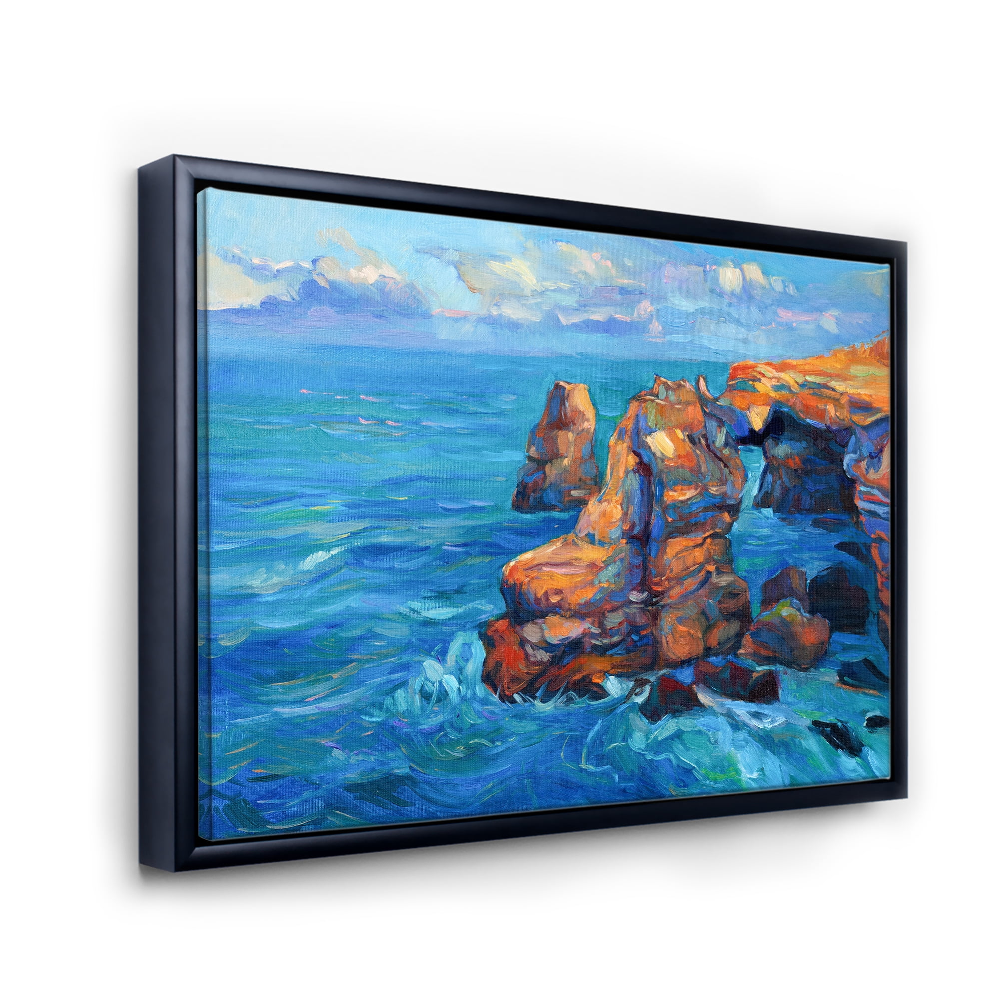 Designart 'The Blue Ocean By Rocky Cliffs' Nautical & Coastal Framed Canvas Wall Art Print