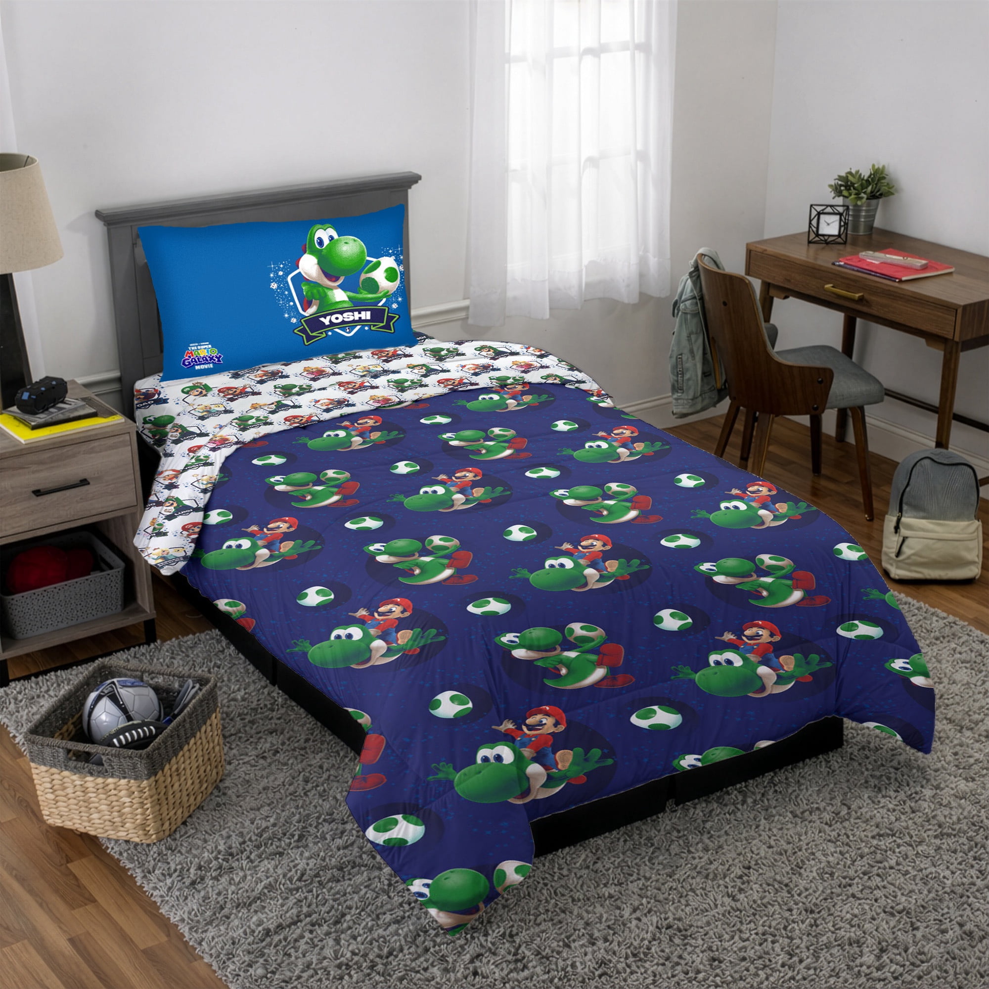 The Super Mario Galaxy Movie Kids 6 Piece Blue Reversible Comforter, Pillowcase, and Sheet Set, Queen