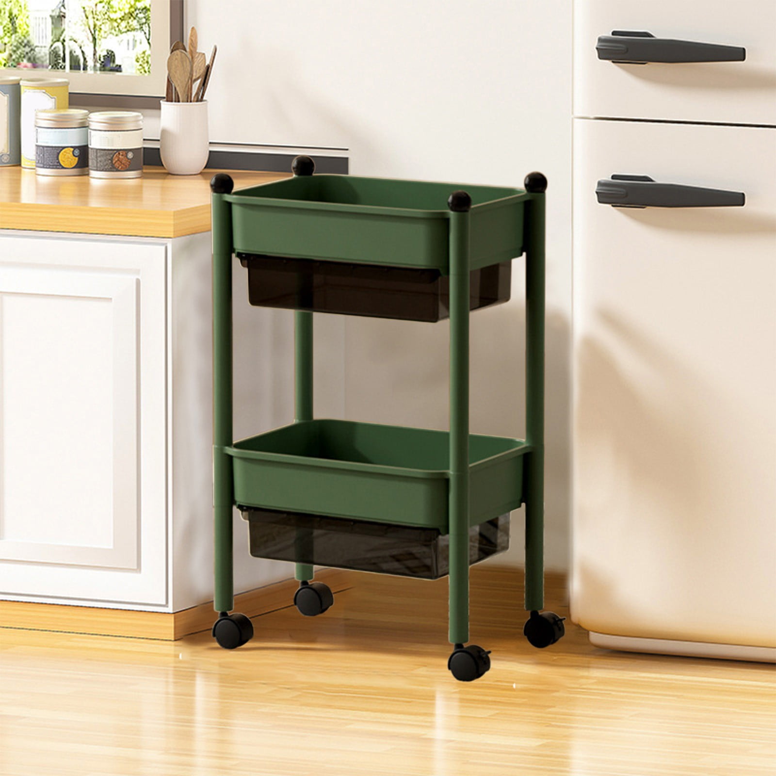 Tupukom 2-Tier Rolling Carts with Wheels Rolling Cart Organizer with Wheels & Reinforced Handle Lightweight Utility Cart for Room Office Kitchen Bathroom,Green