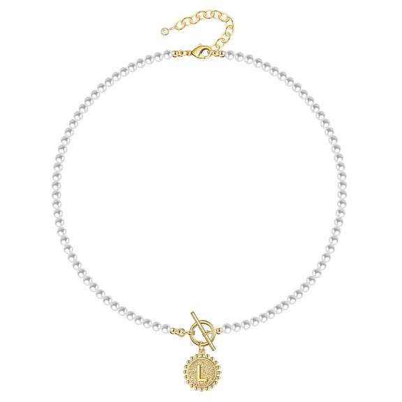 TINGN Initial Choker Pearl Necklace for Women 14K Gold Plated Handmade 4MM Simulated Pearl Necklace