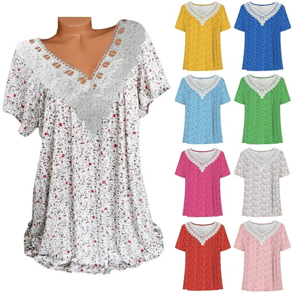 Womens Tops Women Casual T-shirt Floral Printed V-Neck Short Sleeve Pullover Blouse Tops Womens Tops