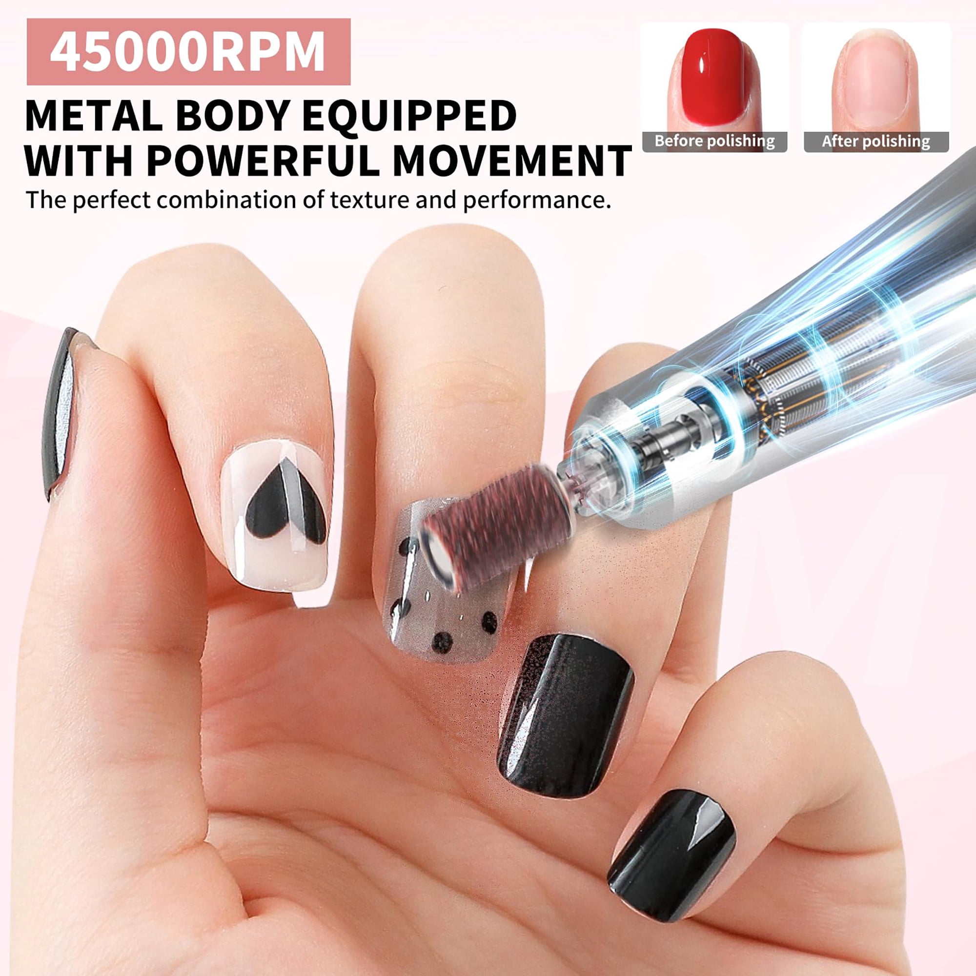 INSMART Cordless Nail Drill, Professional 45000RPM Electric Nail File Kit with LCD Display, Charging Base & 78 Accessories