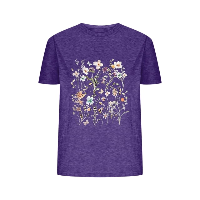 Camisetas de Verano de Mujer Pequeña Flor Impresa Cuello Redondo Manga Corta Superior, Verano Superior de las Mujeres
