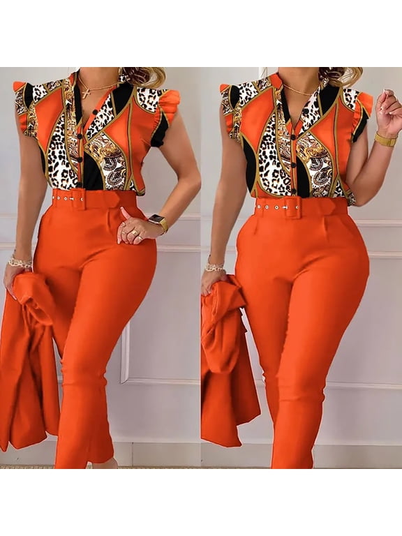 Women Casual Fashion Print Ruffle Sleeve Vest Shirt Blouse Betton Pant With Belt Set Suits Tracksuit for Women Two Piece Pants Set Women Smart Casual Outfit Pant Suits for Women Dressy plus Size Suit