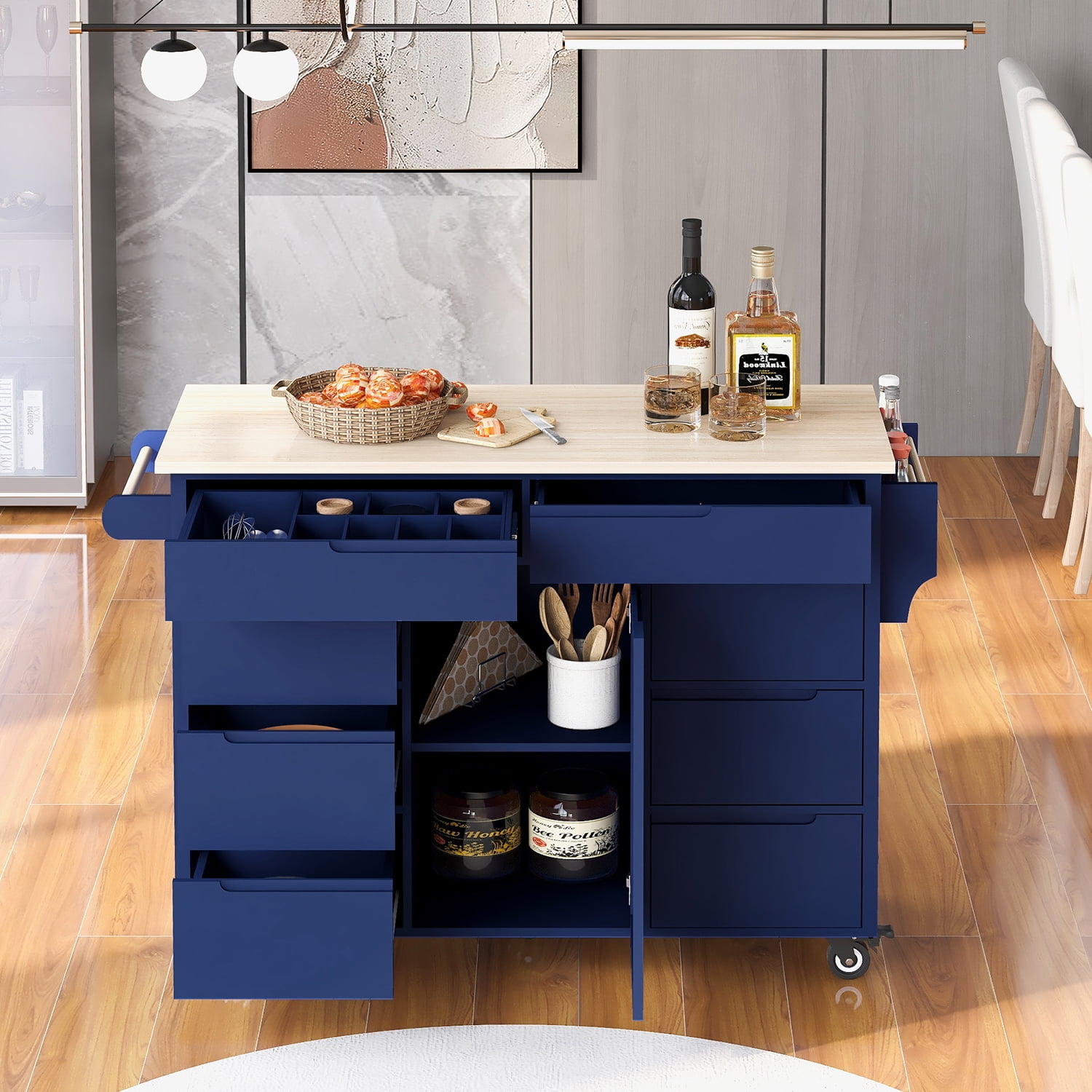 Kepooman 53.15 Inch Width Indoor Modern Rolling Kitchen Cart, Rubber Wood Kitchen Cart on Wheels with Spice Rack, Towel Rack-Grey Blue Kepooman 53.15 Inch Width Indoor Modern Rolling Kitchen Cart, Rubber Wood Kitchen Cart on Wheels with Spice Rack, Towel Rack-Grey Blue