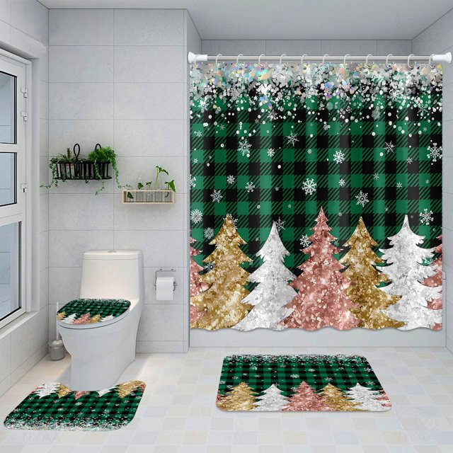 ABPWLY Nouveau Rideau de Douche Imperméable de Noël Ensemble de Quatre Pièces Tapis de Sol Combinaison Tapis de Porte d'Entrée Tapis de Chambre Salon Tapis de Bain Liquidation Tapis de Douche Jours du Canada Tapis de Bain