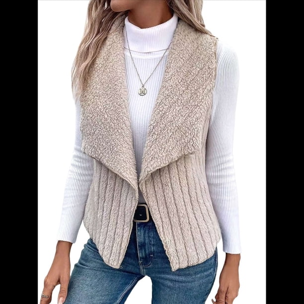 Chaleco Informal Sin Mangas de Felpa para Mujer, Otoño e Invierno, Tipo Cárdigan. Caqui M