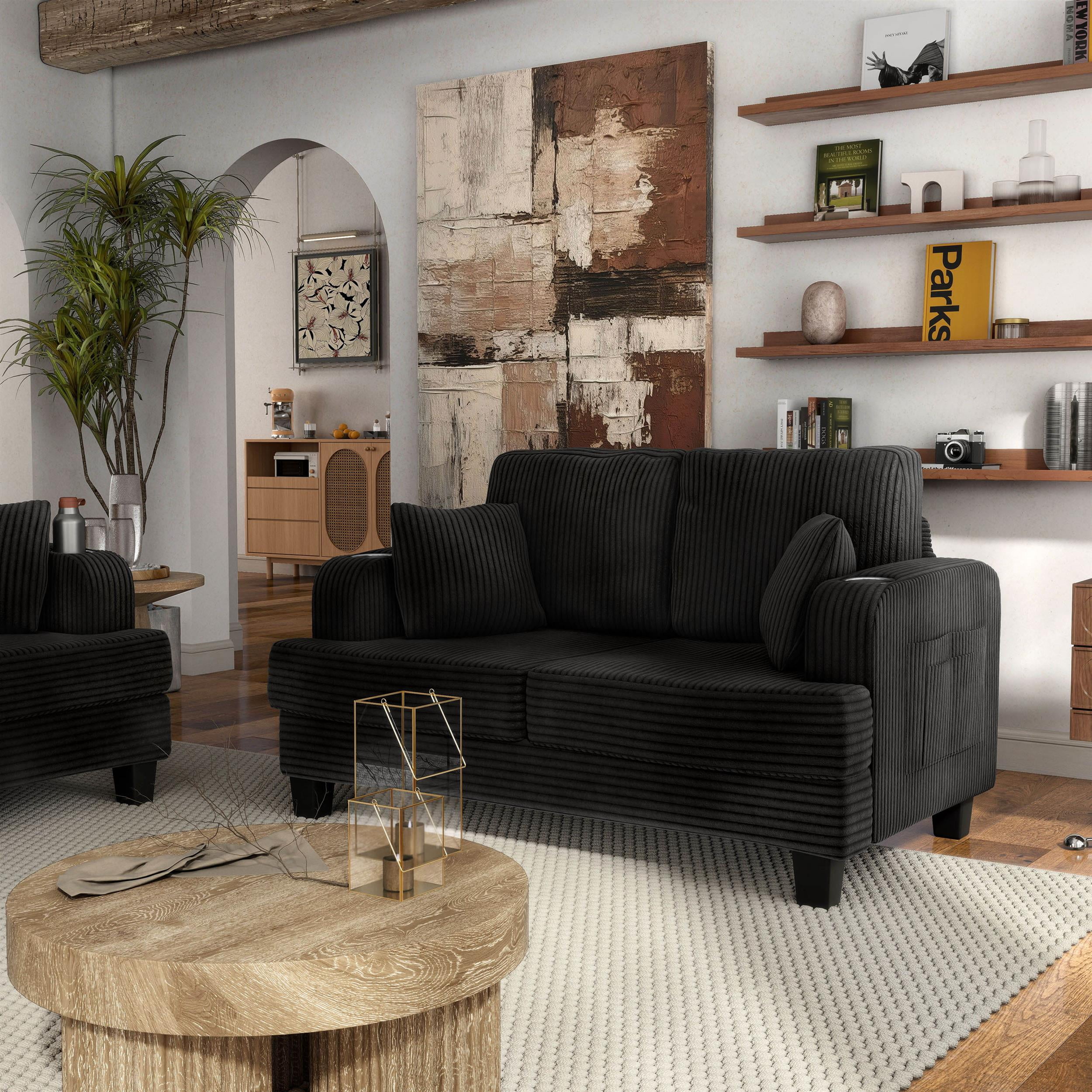 Furniture of America Fayen Modern Small Space Chenille Fabric Loveseat with Pillow, Black