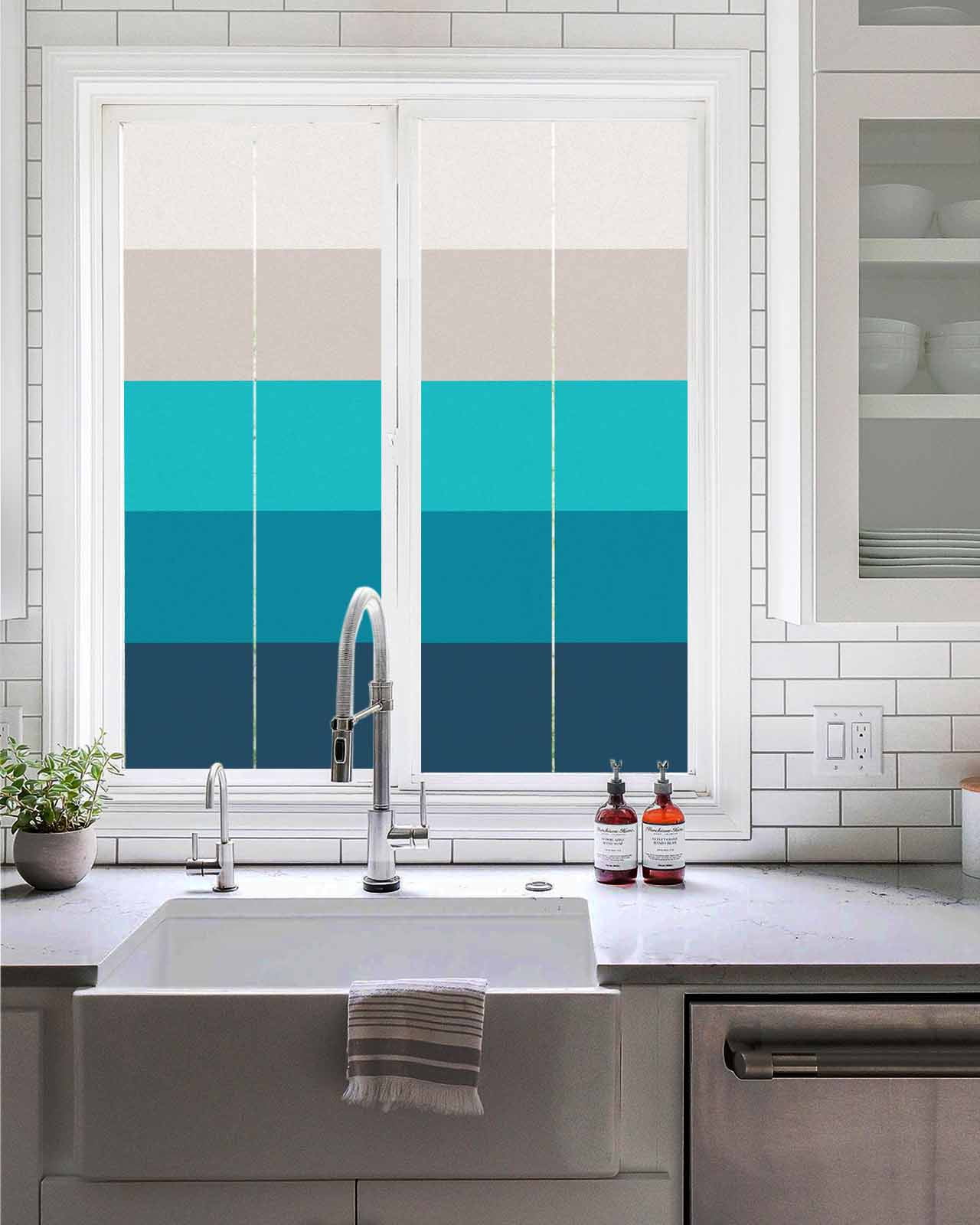 Window Privacy Film, Ombre Black Aqua UV Sun Blocking Window Tint Film Heat Control One Way Blackout Window Film, Simple Modern Farmhouse Stripes Non Adhesive Static Cling Window Sticker 19.6x39.3 In