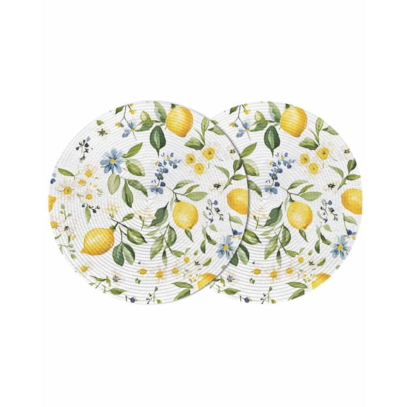 Summer Lemon Round 15 Inch Placemats Set of 2, Yellow Botanical Spring Floral Blue HeatResistant Non Slip Place Mats for Dining Table, Wipeable Braided Kitchen Table Mats for Housewarming