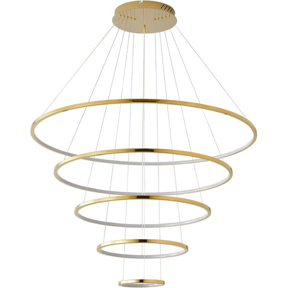 Modern Chandelier, Dimmable 5 Rings Chandelier Light Fixture Luxury Big LED Chandelier, Gold High Ceiling Chandelier Contemporary Ceiling Pendant Light Fixtures for Foyer Stairs 113W