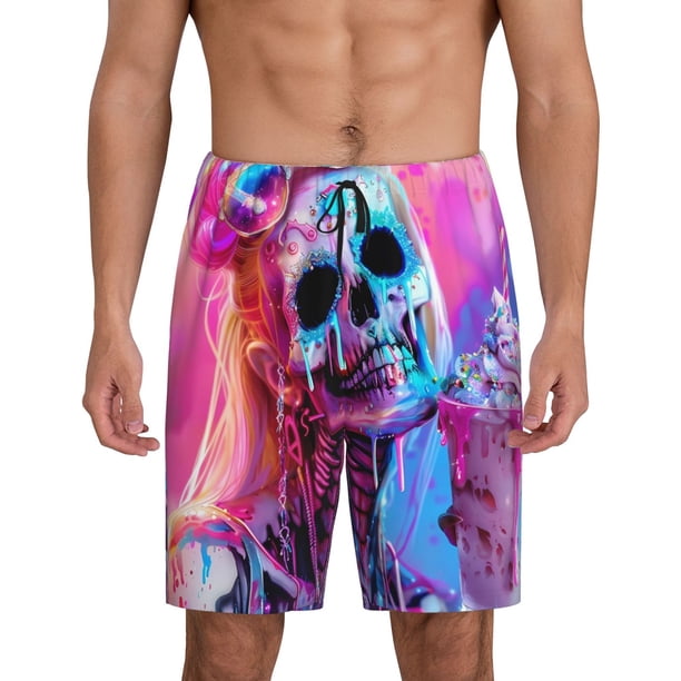 Fotbe Neon Skull With Milkshake Pantalones Cortos de Pijama para Hombre, Ropa de Dormir, Pantalones de Pijama Cortos para Hombre-3X-Large