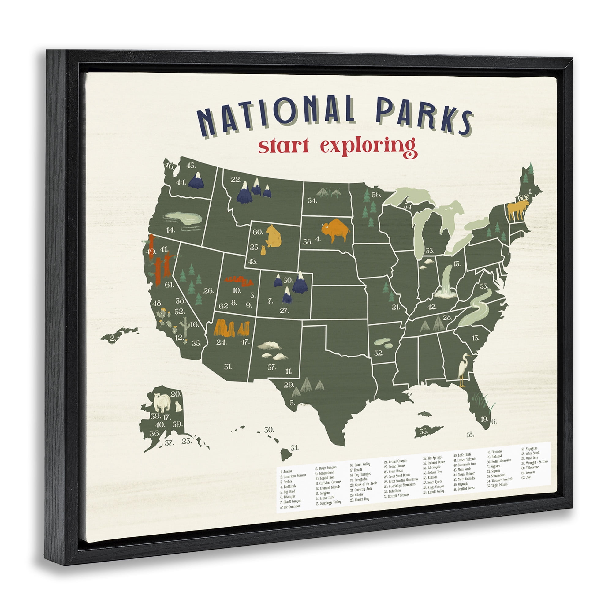 Stupell Industries National Parks Map Diagram Town & City Painting Black Floater Framed Canvas Art Print Wall Art, 21 x 17