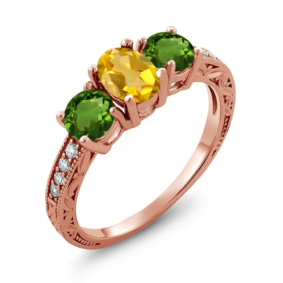 Gem Stone King 1.87 Ct Oval Yellow Citrine Green Chrome Diopside 18K Rose Gold Plated Silver Moissanite Ring (Size 6)