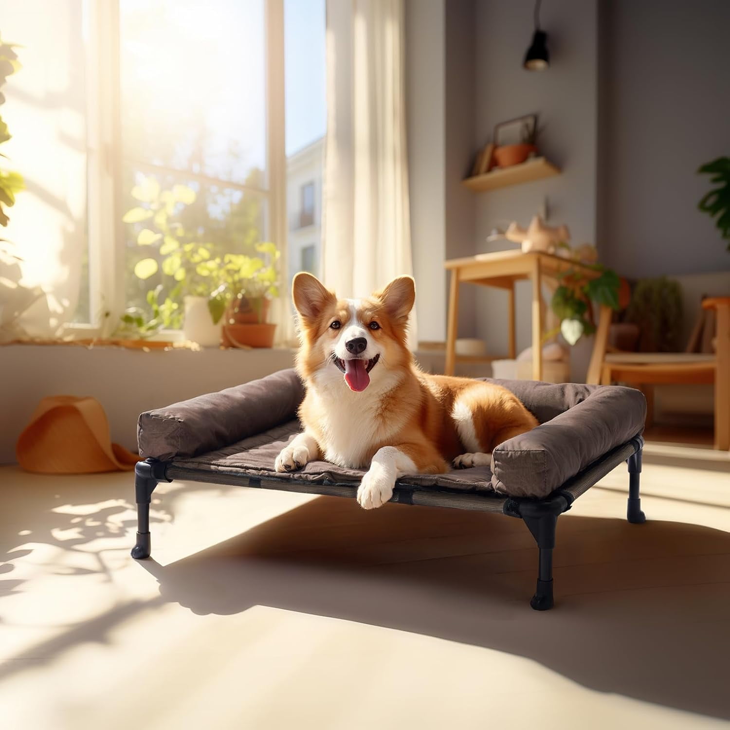 Cooling Elevated Dog Bed Add Removable Waterproof Bolster Cushion Mat, Raised Pet Cot with Breathable Mesh, No-Slip Feet, Dog Couch Bed for Indoor Outdoor, Large, Brown