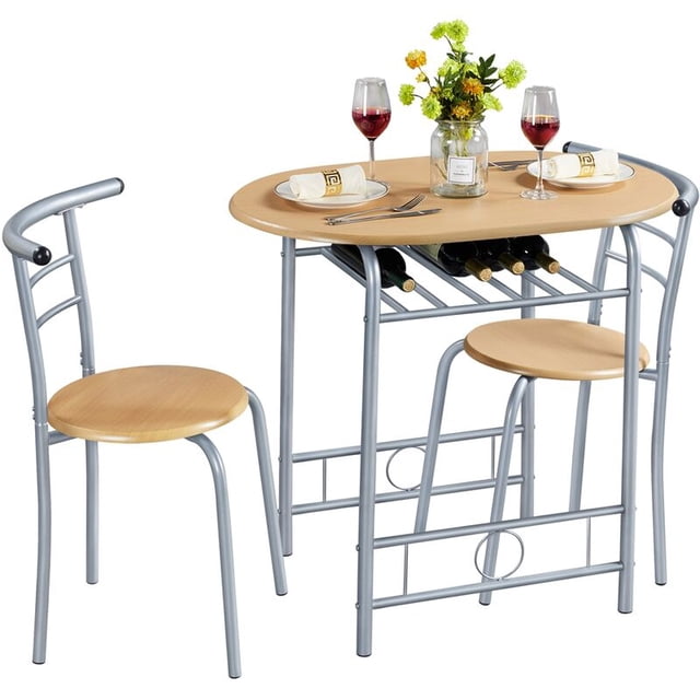 Juego Mesa de Cocina con 2 Sillas de Comedor Conjuntos de Mueble de 3 Piezas con Vino Estante Madera Natural+Plata