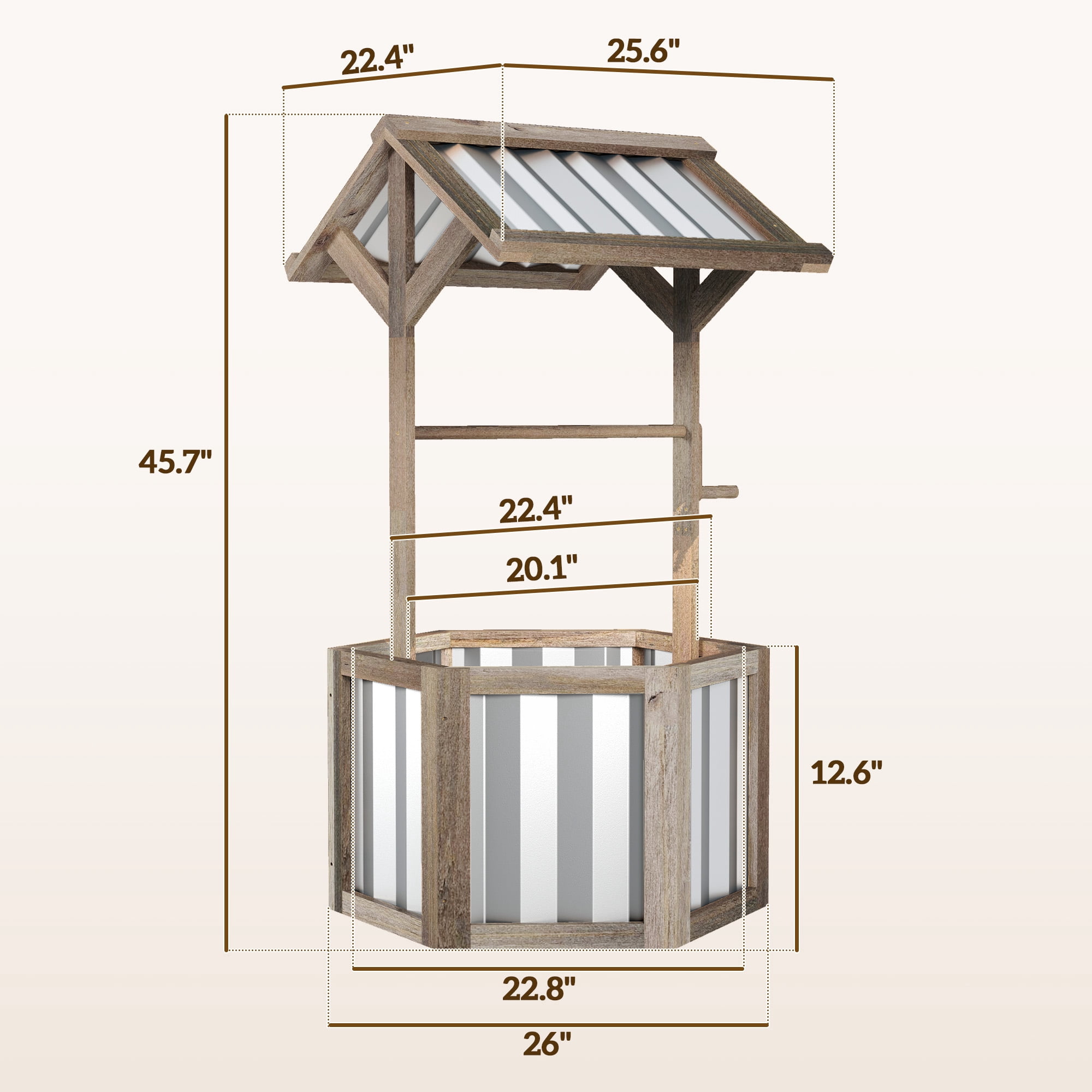 Outsunny Wooden Wishing Well Planter, Hexagon Raised Flower Bed with Galvanized Canopy, Outdoor Garden Box for Flowers and Vegetables, Light Gray