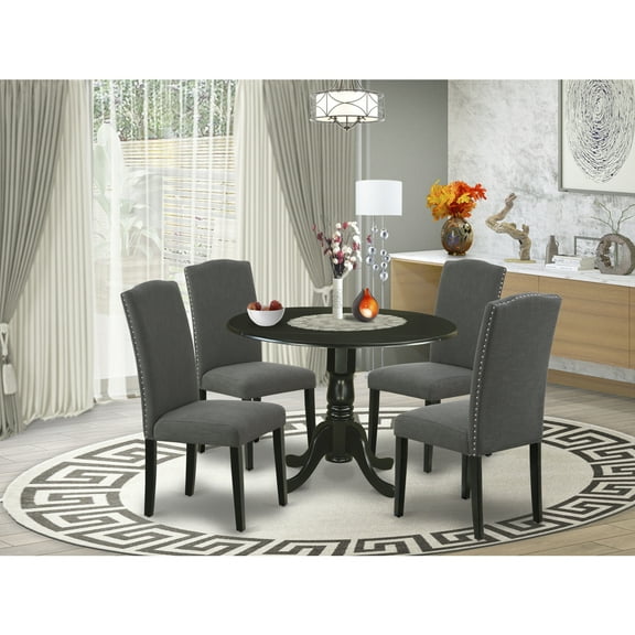 Round Kitchen Table Set 5pc 42" Table w/ Drop Leaves & 4 Parsons Chairs - Dark Gotham Grey