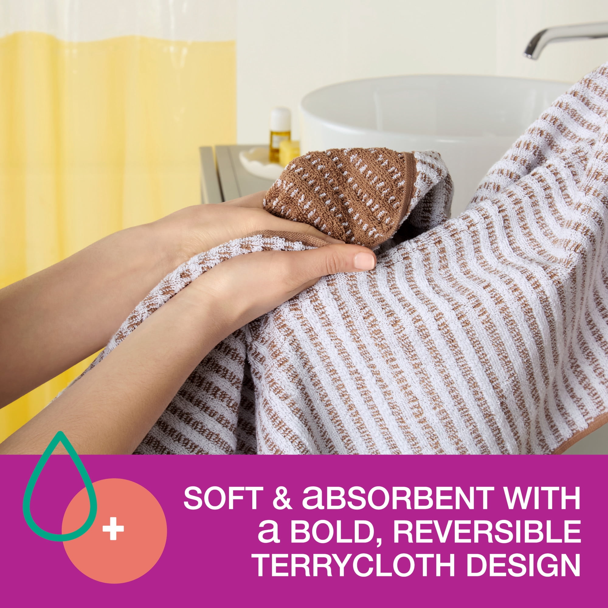 TOWN & COUNTRY PLAY 4-Piece Striped Reversible Terry Brights Bath Towel Set, 30"x58", 100% BCI Cotton, Plush & Absorbent 550GSM, Mocha Brown