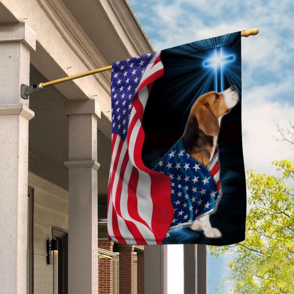Flag Beagle Dog Wearing Flag American Patriot Proud Standing Under The Cross Christian House Flag, Double-Sided Decorative Outdoor Flag, Patriotic Polyester Yard Flag 29.5 x 39.5 in