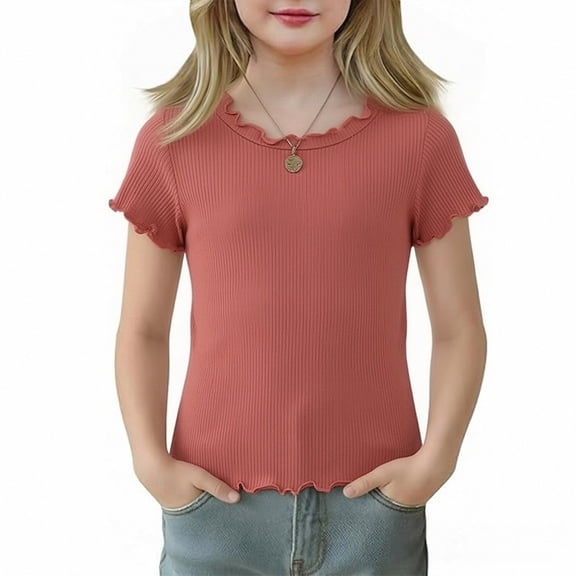 XXWXYD Girls Summer Short Sleeve T-Shirts Ribbe Tops for Girls Knit Crew Neck Short Sleeve Shirts Lettuce Trim T Shirts Casual Slim Fit Summer Shirt Basic Solid
