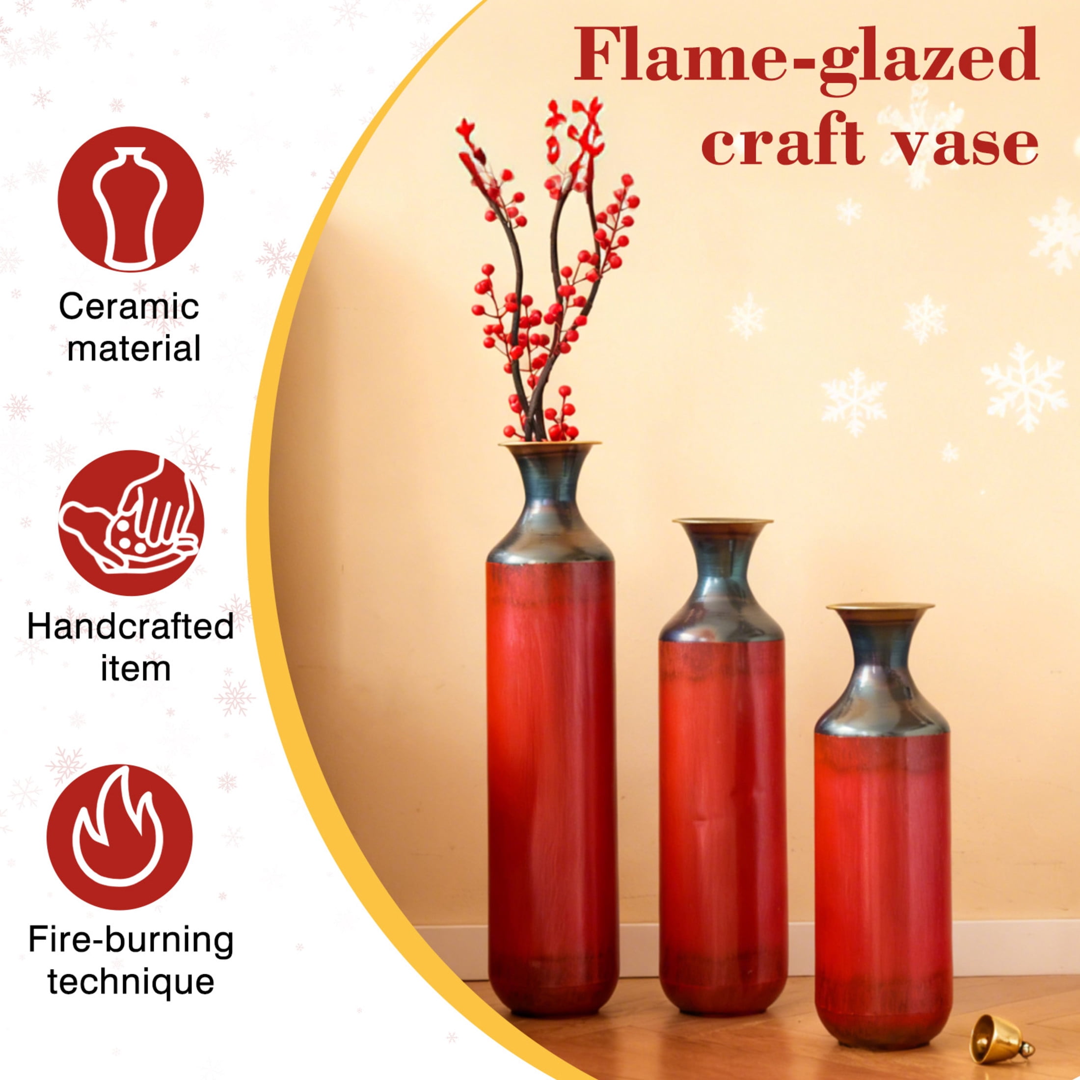 Noble House Set of 3 Torch-Fired Metal Floor Vases, 28.35", 24.41", 20.47" Tall, Red