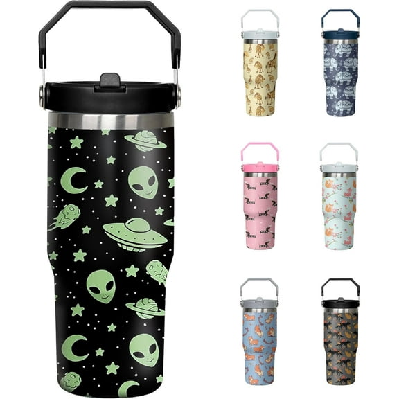 30oz Alien Tumbler with Handle and Flip Straw, Ufo Lover Stainless Steel Insulated Cup, Travel Coffee Mug Water Bottle, Birthday Mothers Day Chritmas Gifts for Women Men