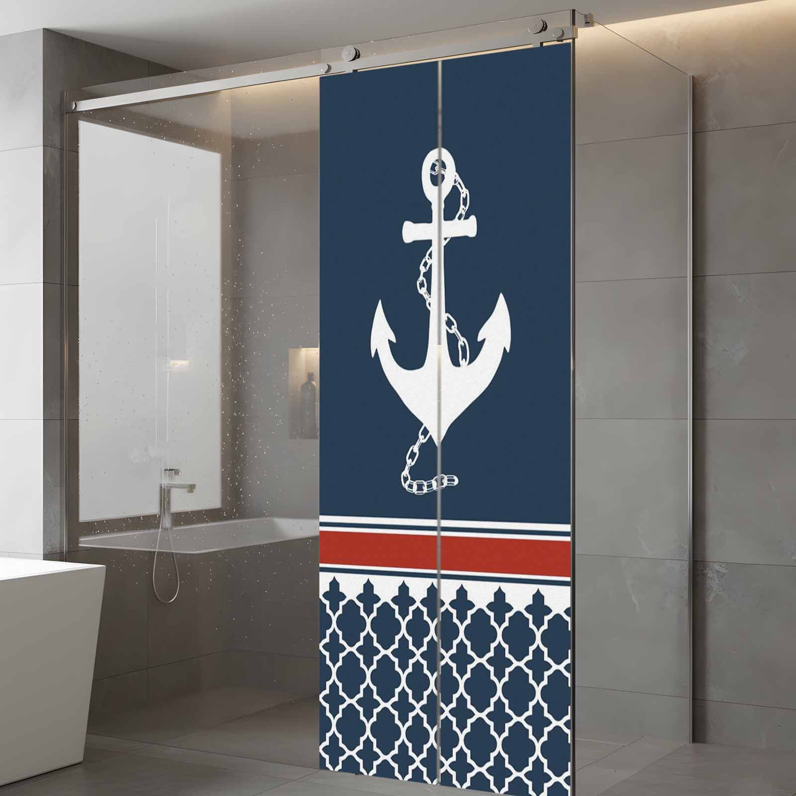 Nautical Anchorage Window Privacy Film, Nautical Anchor Red Stripe Plaid Navy Blue Frosted Glass Window Clings Static Cling UV Heat Blocking Reusable Door Sticker for Bathroom 23.6 x 59 Inch