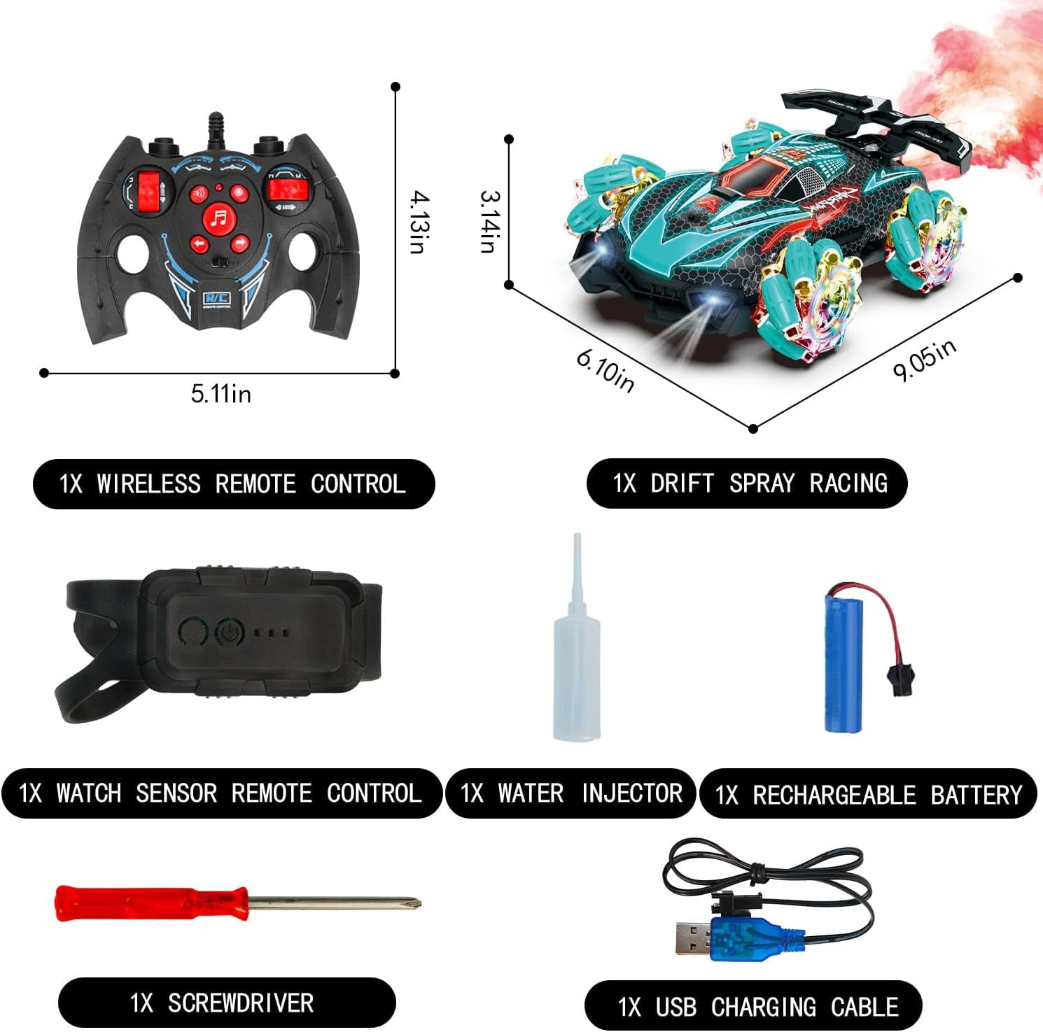 Funtogether Toys RC Gesture Sensing Stunt Car with Spray, Lights & Music, 360° Rotating 4WD Transforming Remote Control Car for Boys Ages 6–12