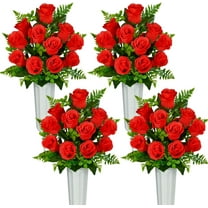 Artificial Cemetery Flowers, Set of Artificial Rose Bouquet Grave Memorial Flowers with Vase for Cemetery Headstones Decoration (Red, Set of )