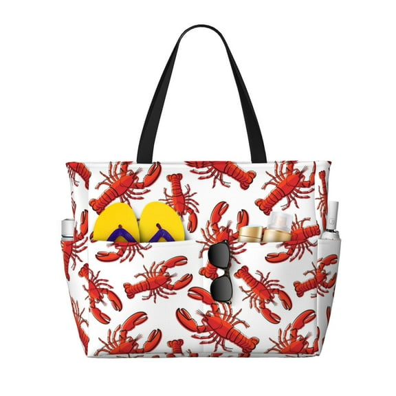 Large Beach Bags Water-resistant Sandproof - Red Lobster print Cute Beach Tote Bags for Women with Zipper
