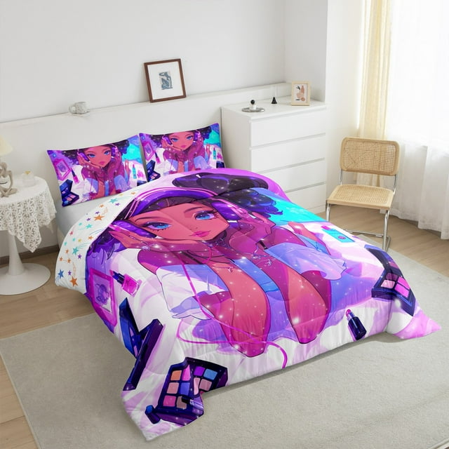 YST Ensemble de Literie Magique pour Filles Noires Taille Simple American African Princess Ensemble de Couette Réversible Étoiles Colorées pour Adolescentes Femmes Décoration Maquillage Mode Couette