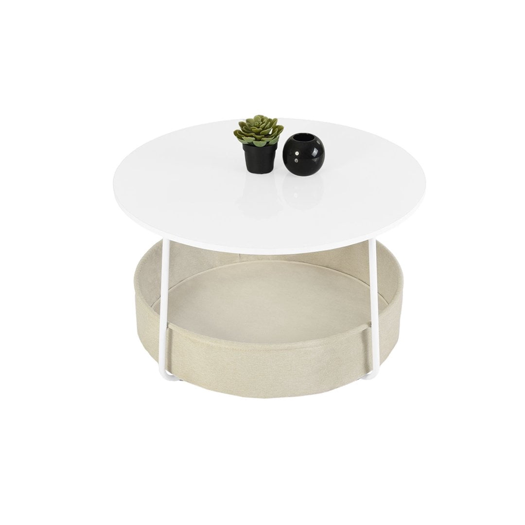 Gewnee 30''Round Coffee Table - End Table with Fabric Basket,Sleek Space-Saving Furniture for Living Room,Bedside Nightstand,Matte White and Beige