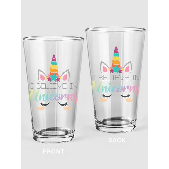 I Believe In Unicorns! Pint Glass -SPIdeals Designs, 16 oz Transparent Glass