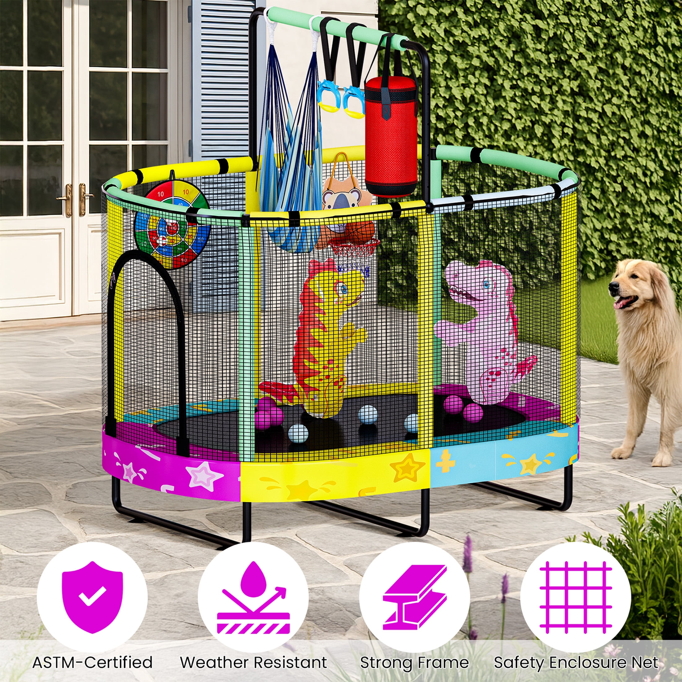 MOOSENG Elliptic Kids Trampoline, Bouncing Trampoline with Safety Enclosure Net, Adjustable Height Handrail, 500lbs Capacity, Designs for Boys & Girls, 7-in-1, 55” (Colorful Star）