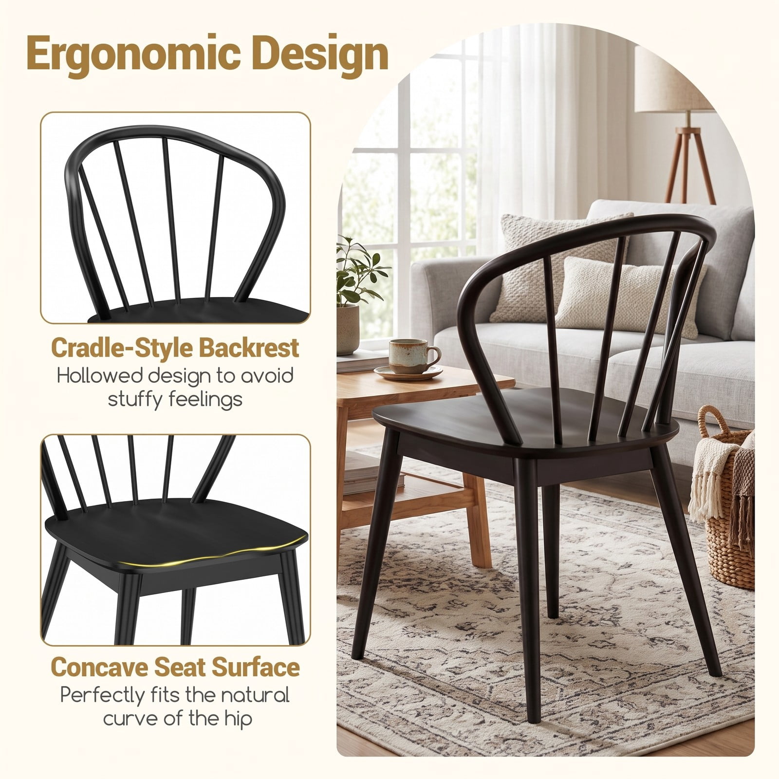 Furnibear Wooden Dining Chair Set of 2, High Spindle Back Kitchen Side Chairs with Wide Seat, Solid Rubber Wood Frame Armless Accent Chairs for Dining, Walnut Black